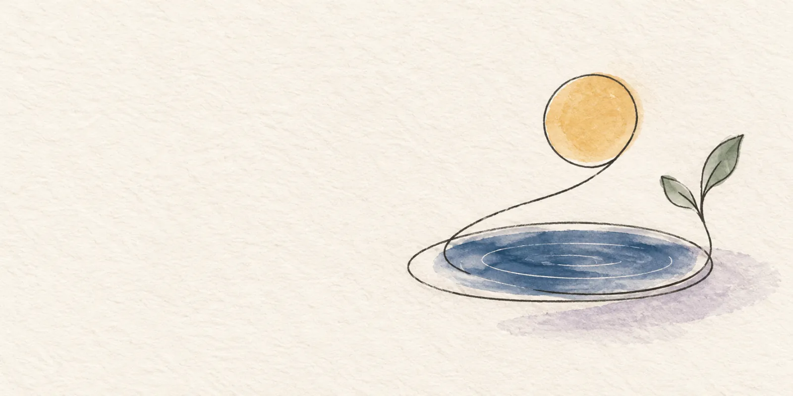 A small sun above a pool and sprouting leaf in a minimalist ink and watercolor illustration.