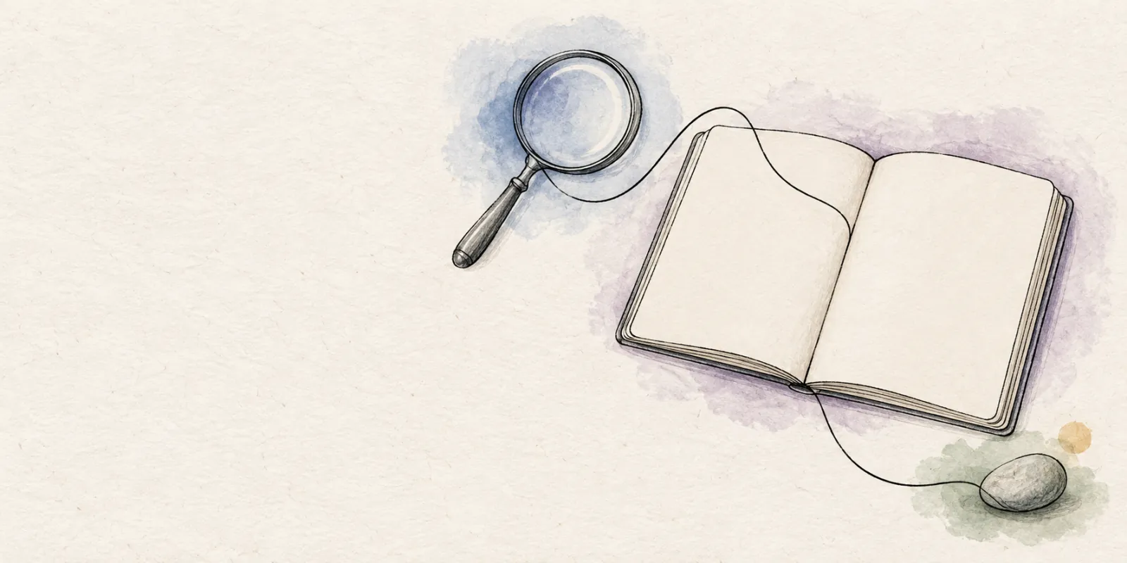 An open blank notebook, magnifying glass, and pebble in a minimalist ink and watercolor illustration.