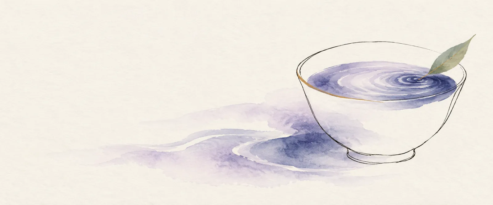 An open cup with a water ripple and leaf in a minimalist ink and watercolor illustration.