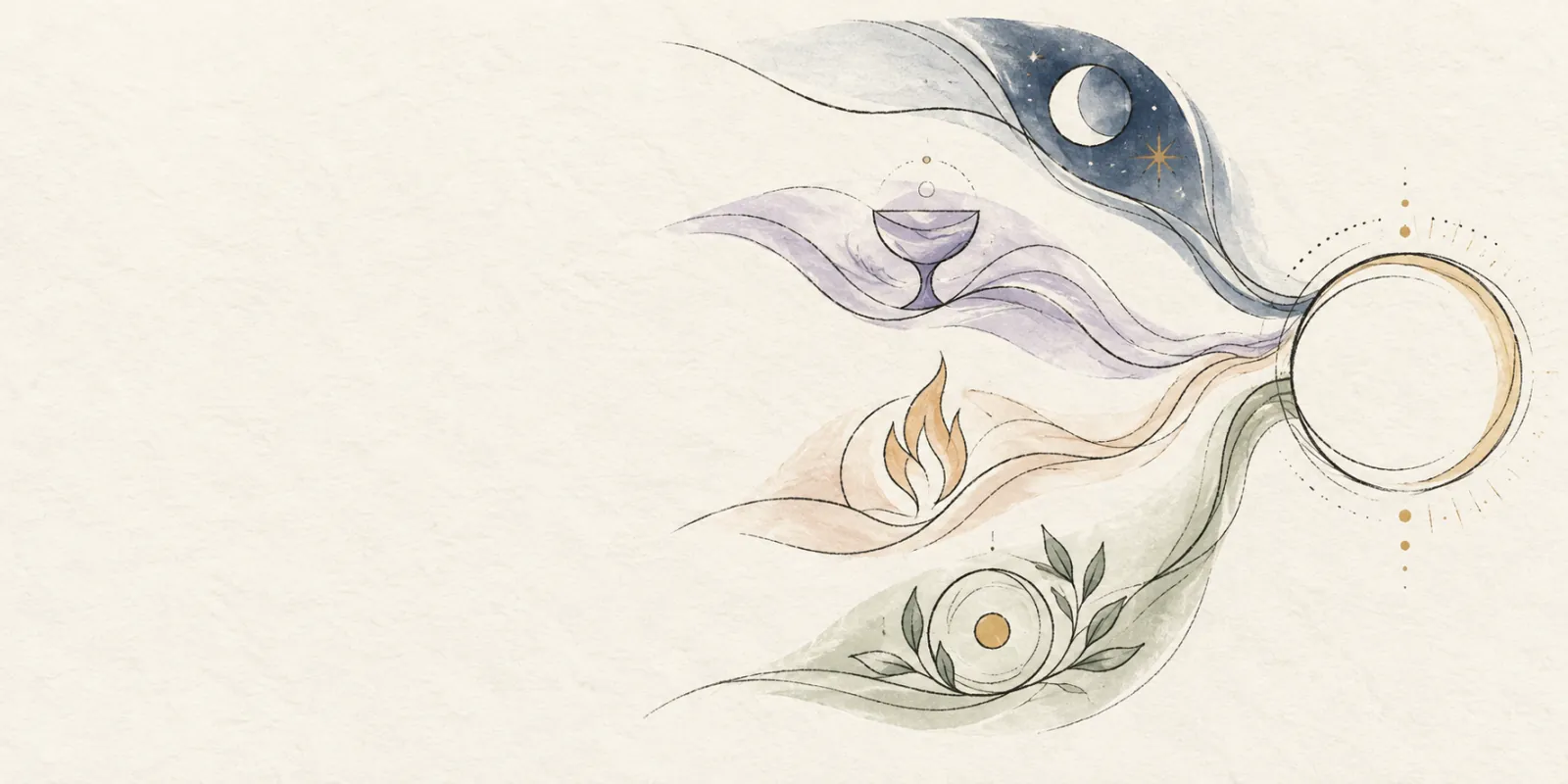 Four flowing paths with abstract Tarot-study symbols in a minimalist ink and watercolor illustration.