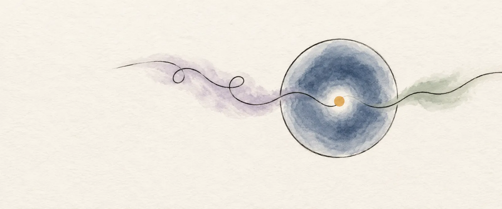 A flowing line passing through an open circle in a minimalist ink and watercolor illustration.