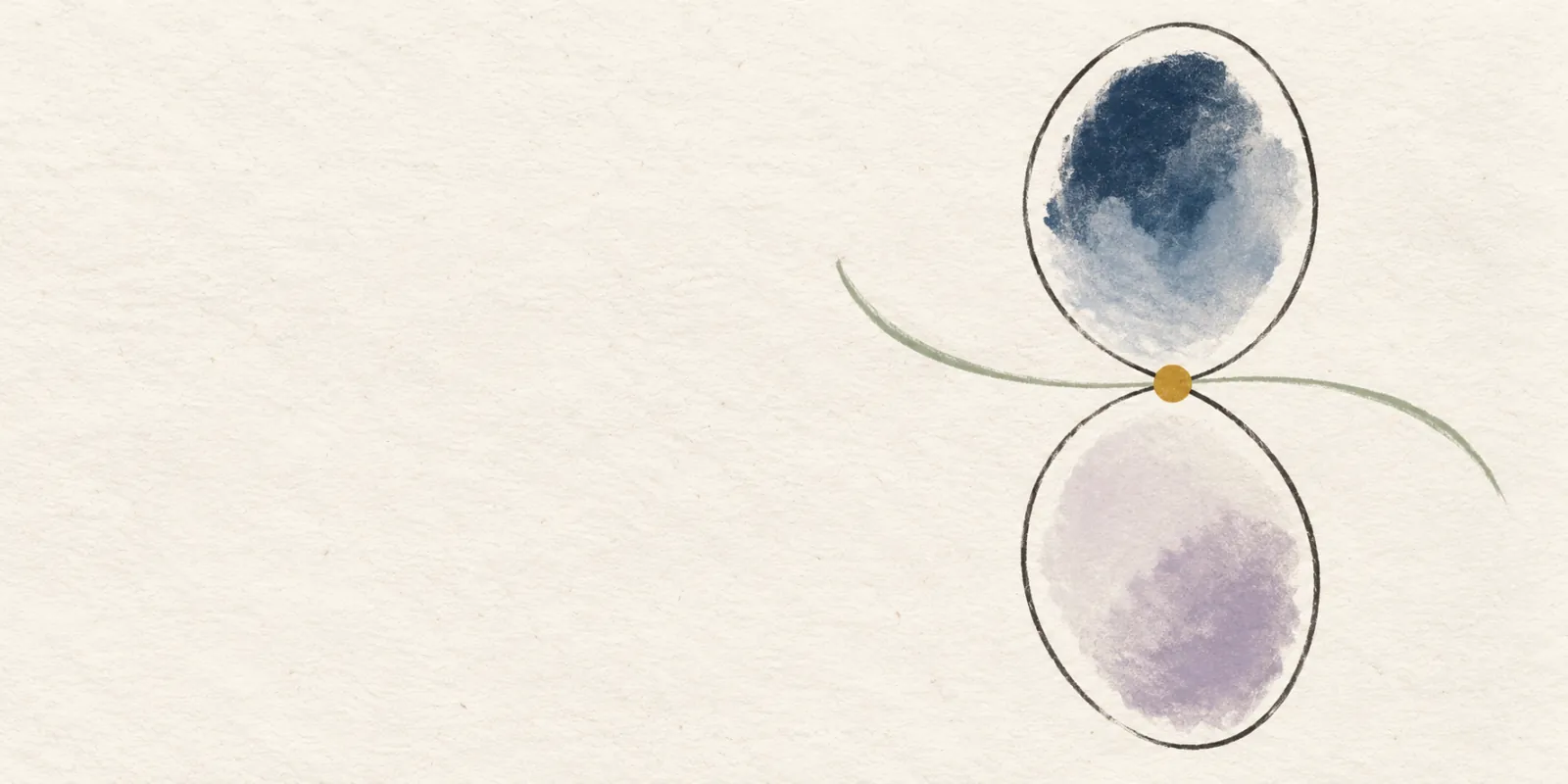 Two connected vertical ovals around a central pivot in a minimalist ink and watercolor illustration.