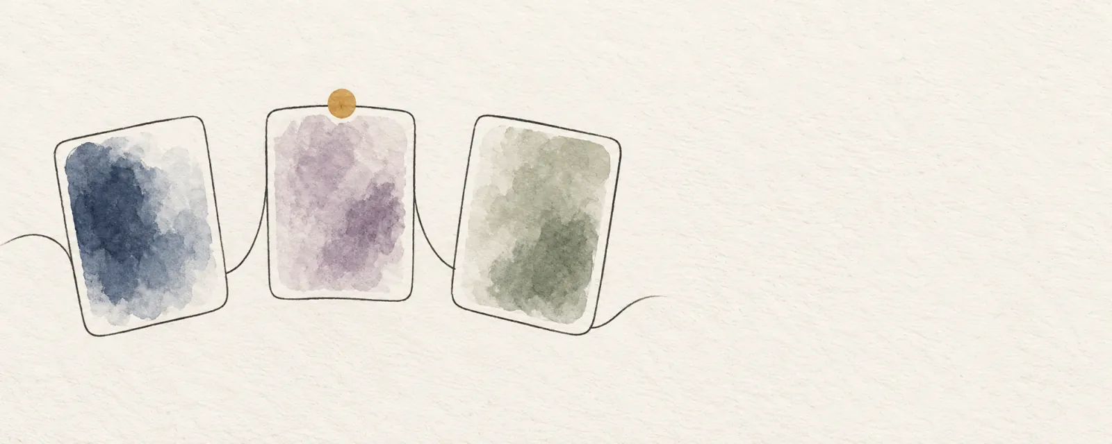 Three abstract color panels connected by a flowing ink line.