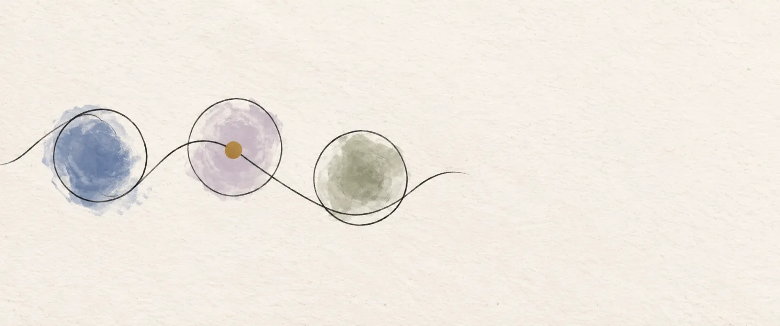 Three connected color circles in a minimalist ink and watercolor illustration.
