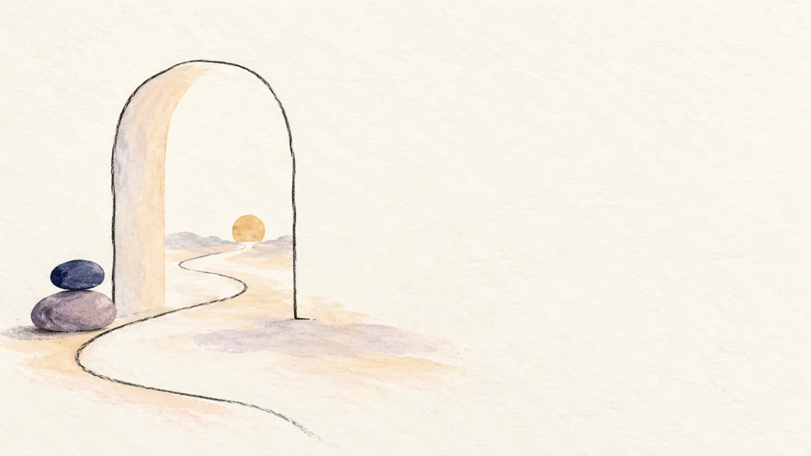 A simple threshold with two balancing stones and a path in a minimalist ink and watercolor illustration.