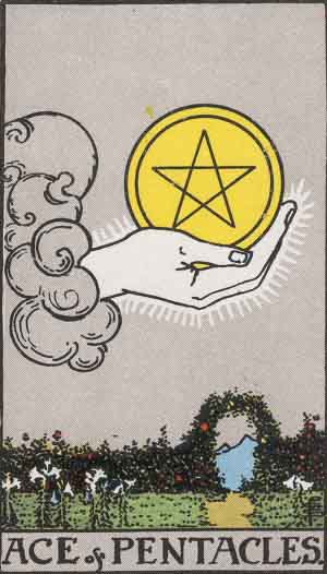 Rider-Waite-Smith illustration for Ace of Pentacles