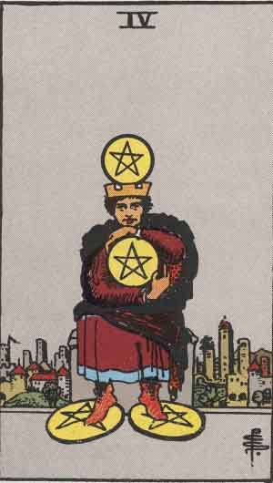 Rider-Waite-Smith illustration for Four of Pentacles