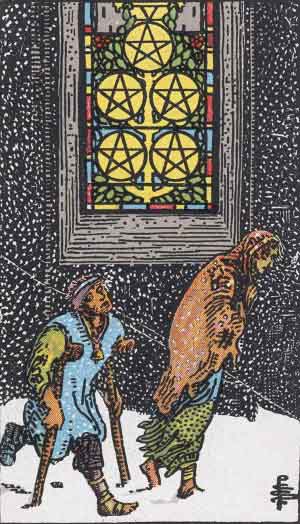 Rider-Waite-Smith illustration for Five of Pentacles