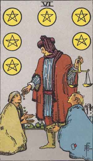 Rider-Waite-Smith illustration for Six of Pentacles