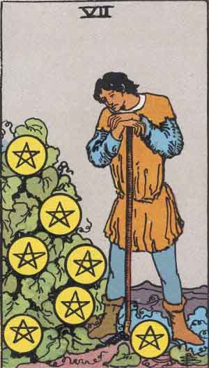 Rider-Waite-Smith illustration for Seven of Pentacles