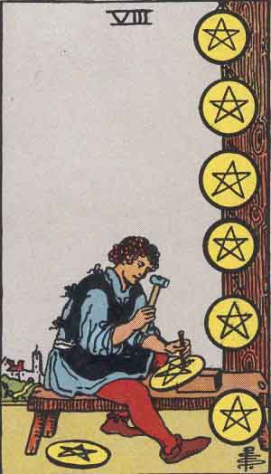 Rider-Waite-Smith illustration for Eight of Pentacles