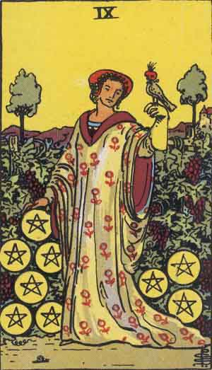 Rider-Waite-Smith illustration for Nine of Pentacles