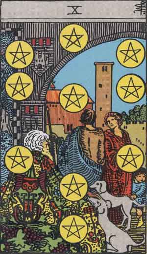 Rider-Waite-Smith illustration for Ten of Pentacles
