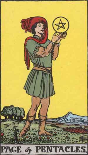 Rider-Waite-Smith illustration for Page of Pentacles