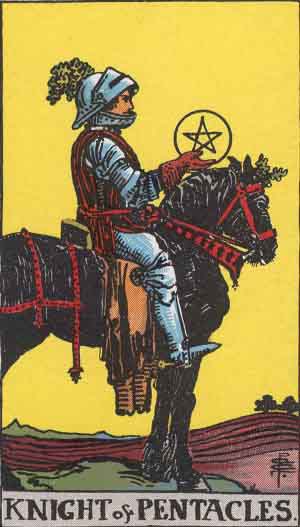 Rider-Waite-Smith illustration for Knight of Pentacles