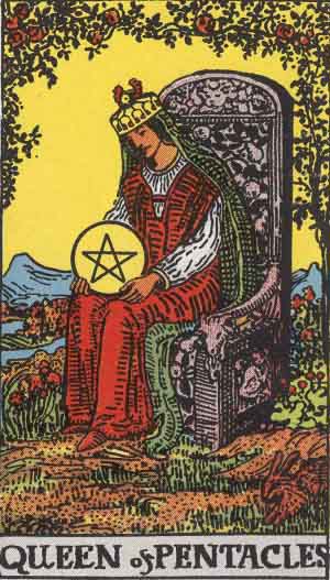 Rider-Waite-Smith illustration for Queen of Pentacles