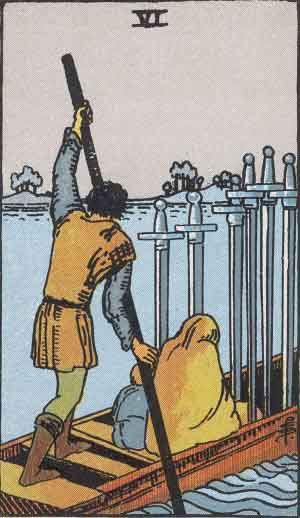 Rider-Waite-Smith illustration for Six of Swords