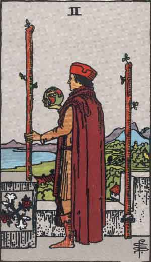 Rider-Waite-Smith illustration for Two of Wands