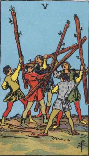 Rider-Waite-Smith illustration for Five of Wands