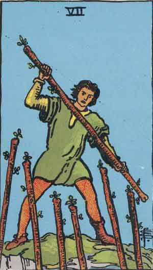 Rider-Waite-Smith illustration for Seven of Wands