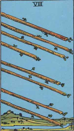 Rider-Waite-Smith illustration for Eight of Wands