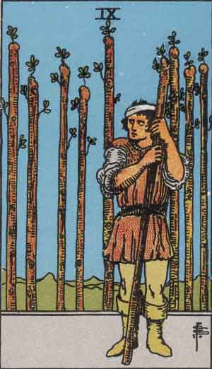 Rider-Waite-Smith illustration for Nine of Wands