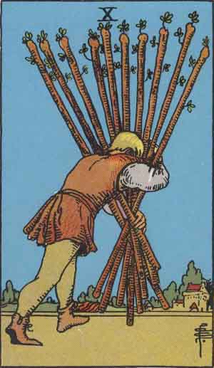 Rider-Waite-Smith illustration for Ten of Wands