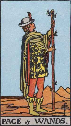 Rider-Waite-Smith illustration for Page of Wands
