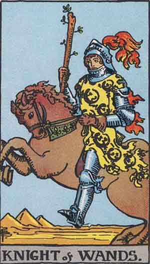 Rider-Waite-Smith illustration for Knight of Wands